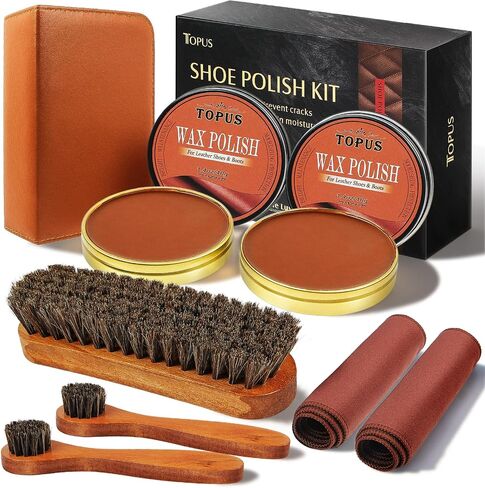 Topus 8 Pieces Shoe Polish Kit, Includes 2Pcs 1.4Oz Brown Shoe Wax, 3 Pieces Horsehair Boots Brushes, 2Pcs Shine Cloths in Kuwait