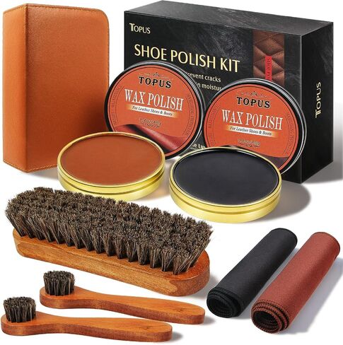Topus 8 Pieces Shoe Polish Kit, Includes 2Pcs 1.4Oz Brown Shoe Wax, 3 Pieces Horsehair Boots Brushes, 2Pcs Shine Cloths in Kuwait