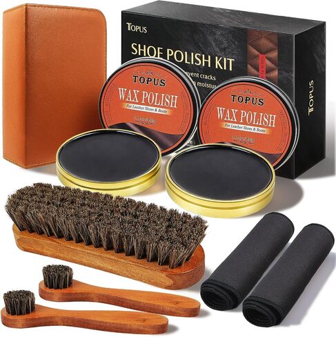 Topus 8 Pieces Shoe Polish Kit, Includes 2Pcs 1.4Oz Brown Shoe Wax, 3 Pieces Horsehair Boots Brushes, 2Pcs Shine Cloths in Kuwait