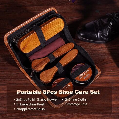Topus 8 Pieces Shoe Polish Kit, Includes 2Pcs 1.4Oz Brown Shoe Wax, 3 Pieces Horsehair Boots Brushes, 2Pcs Shine Cloths in Kuwait