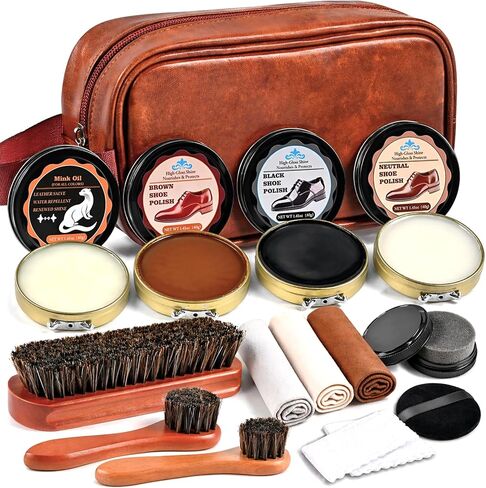 Cieex Shoe Polish Kit – 15PCS Shoe Care Kit with Black Brown Neutral Polish & Mink Oil, 3 Horsehair Brushes, Shoe Shine Kit for Leather Shoes & Boots with Travel Leather Bag – Gift for Men & Women in Saudi Arabia