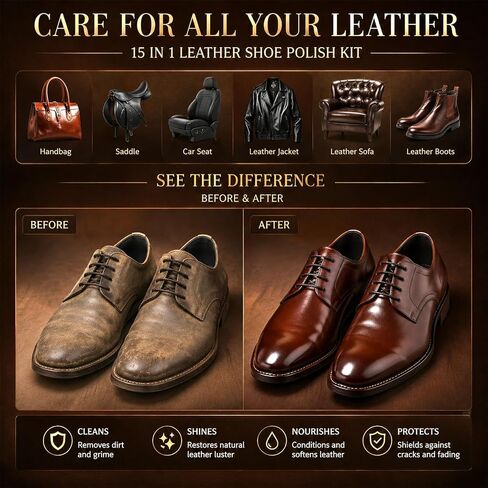 Cieex Shoe Polish Kit – 15PCS Shoe Care Kit with Black Brown Neutral Polish & Mink Oil, 3 Horsehair Brushes, Shoe Shine Kit for Leather Shoes & Boots with Travel Leather Bag – Gift for Men & Women in Saudi Arabia