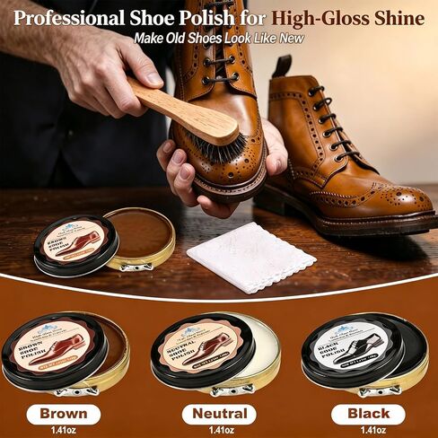 Cieex Shoe Polish Kit – 15PCS Shoe Care Kit with Black Brown Neutral Polish & Mink Oil, 3 Horsehair Brushes, Shoe Shine Kit for Leather Shoes & Boots with Travel Leather Bag – Gift for Men & Women in Saudi Arabia