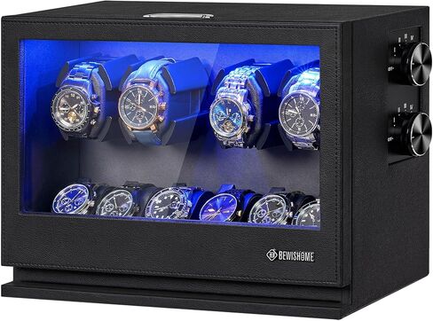 BEWISHOME Watch Winders للساعات الأوتوماتيكية، 4 Watch Winder و 6 Watch Case عرض مع ضوء LED 4 أوضاع، صندوق أوتوماتيكي للساعة مع محول USB-C بمحرك ياباني هادئ، أسود SYQ04B in Kuwait