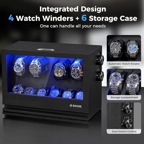 BEWISHOME Watch Winders للساعات الأوتوماتيكية، 4 Watch Winder و 6 Watch Case عرض مع ضوء LED 4 أوضاع، صندوق أوتوماتيكي للساعة مع محول USB-C بمحرك ياباني هادئ، أسود SYQ04B in Kuwait