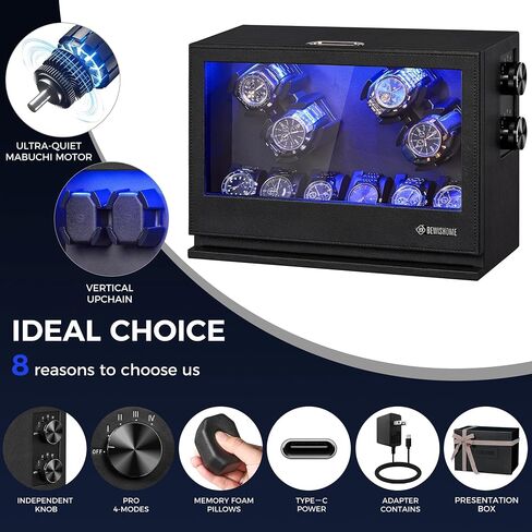 BEWISHOME Watch Winders للساعات الأوتوماتيكية، 4 Watch Winder و 6 Watch Case عرض مع ضوء LED 4 أوضاع، صندوق أوتوماتيكي للساعة مع محول USB-C بمحرك ياباني هادئ، أسود SYQ04B in Kuwait