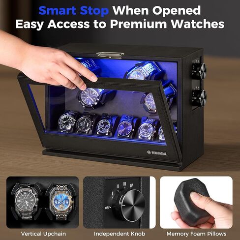 BEWISHOME Watch Winders للساعات الأوتوماتيكية، 4 Watch Winder و 6 Watch Case عرض مع ضوء LED 4 أوضاع، صندوق أوتوماتيكي للساعة مع محول USB-C بمحرك ياباني هادئ، أسود SYQ04B in Kuwait