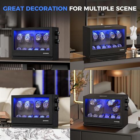 BEWISHOME Watch Winders للساعات الأوتوماتيكية، 4 Watch Winder و 6 Watch Case عرض مع ضوء LED 4 أوضاع، صندوق أوتوماتيكي للساعة مع محول USB-C بمحرك ياباني هادئ، أسود SYQ04B in Kuwait