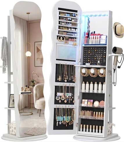 Vlsrka 360° Swivel Jewelry Aromire with Wavy Mirror, Lockable Jewelry Organizer Mirror Full Length, Rotatable Standing Mirror with Storage, Jewelry Cabinet, Interior Mirror, Flodable Shelf, White in Saudi Arabia