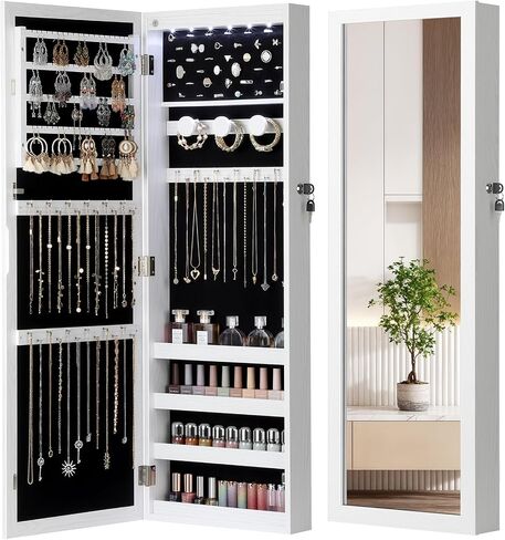 Nicetree 6 LEDs Mirror Jewelry Cabinet, Large Capacity Lockable Jewelry Armoire Organizer, Door or Wall Mounted Mirror with Jewelry Storage, Gift Idea, White in Saudi Arabia