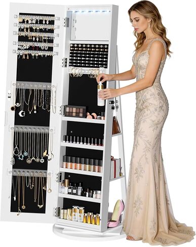 6 LEDs Jewelry Armoire with Frameless Full-Length Mirror, 360° Swivel Jewelry Cabinet Standing with 3 Back Shelves, Jewelry Organizer with Storage Lockable for Women Gift, White in Saudi Arabia