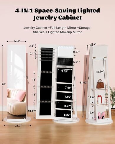 6 LEDs Jewelry Armoire with Frameless Full-Length Mirror, 360° Swivel Jewelry Cabinet Standing with 3 Back Shelves, Jewelry Organizer with Storage Lockable for Women Gift, White in Saudi Arabia