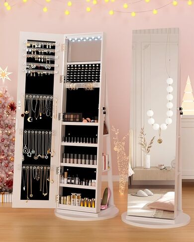 6 LEDs Jewelry Armoire with Frameless Full-Length Mirror, 360° Swivel Jewelry Cabinet Standing with 3 Back Shelves, Jewelry Organizer with Storage Lockable for Women Gift, White in Saudi Arabia