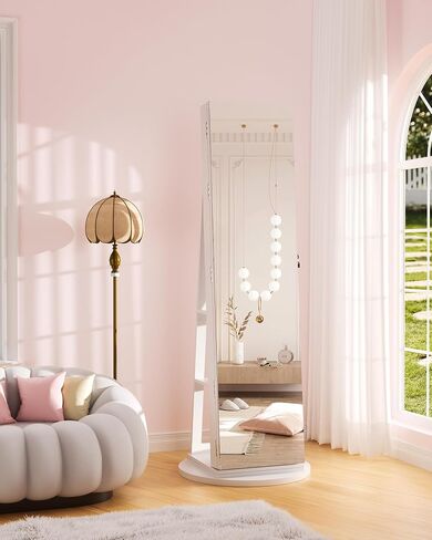 6 LEDs Jewelry Armoire with Frameless Full-Length Mirror, 360° Swivel Jewelry Cabinet Standing with 3 Back Shelves, Jewelry Organizer with Storage Lockable for Women Gift, White in Saudi Arabia