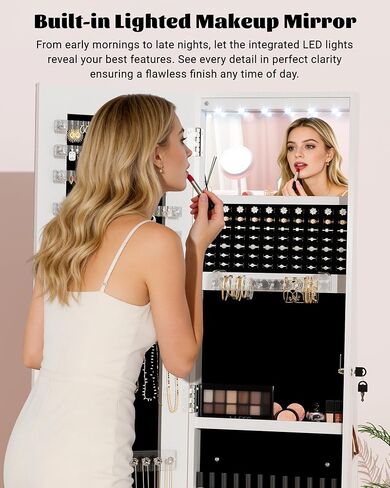 6 LEDs Jewelry Armoire with Frameless Full-Length Mirror, 360° Swivel Jewelry Cabinet Standing with 3 Back Shelves, Jewelry Organizer with Storage Lockable for Women Gift, White in Saudi Arabia