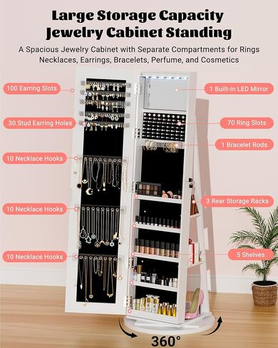6 LEDs Jewelry Armoire with Frameless Full-Length Mirror, 360° Swivel Jewelry Cabinet Standing with 3 Back Shelves, Jewelry Organizer with Storage Lockable for Women Gift, White in Saudi Arabia