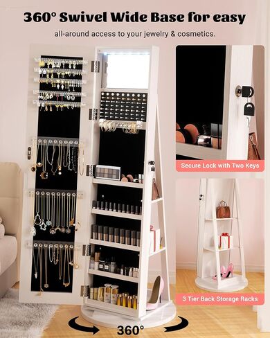 6 LEDs Jewelry Armoire with Frameless Full-Length Mirror, 360° Swivel Jewelry Cabinet Standing with 3 Back Shelves, Jewelry Organizer with Storage Lockable for Women Gift, White in Saudi Arabia