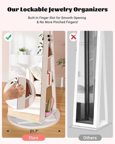 6 LEDs Jewelry Armoire with Frameless Full-Length Mirror, 360° Swivel Jewelry Cabinet Standing with 3 Back Shelves, Jewelry Organizer with Storage Lockable for Women Gift, White in Saudi Arabia