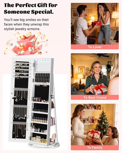 6 LEDs Jewelry Armoire with Frameless Full-Length Mirror, 360° Swivel Jewelry Cabinet Standing with 3 Back Shelves, Jewelry Organizer with Storage Lockable for Women Gift, White in Saudi Arabia