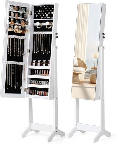 Nicetree Jewelry Cabinet Armoire, Freestanding Jewelry Armoire Organizer with Full-Length Mirror, Lockable Jewelry Storage Cabinet, Frameless Mirror, 3 Adjustable Angles, Moon White in Saudi Arabia