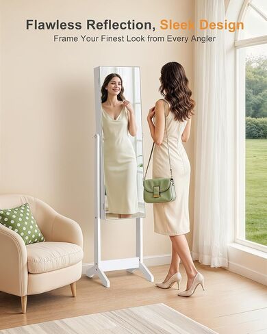 Nicetree Jewelry Cabinet Armoire, Freestanding Jewelry Armoire Organizer with Full-Length Mirror, Lockable Jewelry Storage Cabinet, Frameless Mirror, 3 Adjustable Angles, Moon White in Saudi Arabia