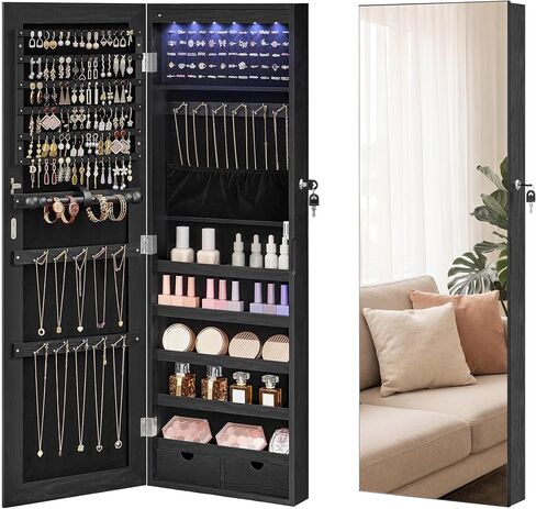 SONGMICS HOME Jewelry Armoire, Mirror Jewelry Cabinet, Full Length Mirror with Storage, Wall or Over The Door Jewelry Organizer Cabinet, Built-in LED, Lockable Armoire, White in Saudi Arabia