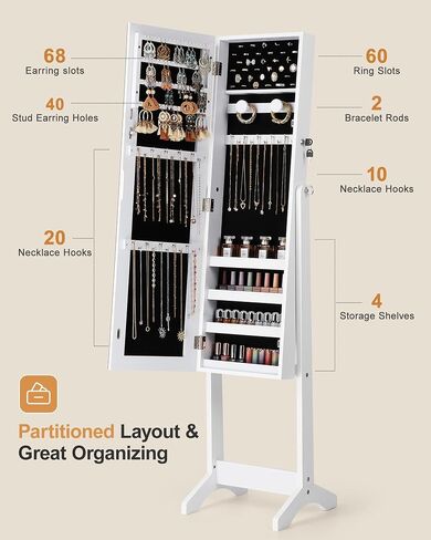 Nicetree Jewelry Cabinet Armoire, Freestanding Jewelry Armoire Organizer with Full-Length Mirror, Lockable Jewelry Storage Cabinet, Frameless Mirror, 3 Adjustable Angles, Moon White in Saudi Arabia