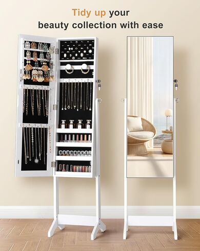 Nicetree Jewelry Cabinet Armoire, Freestanding Jewelry Armoire Organizer with Full-Length Mirror, Lockable Jewelry Storage Cabinet, Frameless Mirror, 3 Adjustable Angles, Moon White in Saudi Arabia