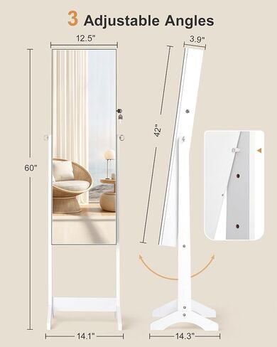 Nicetree Jewelry Cabinet Armoire, Freestanding Jewelry Armoire Organizer with Full-Length Mirror, Lockable Jewelry Storage Cabinet, Frameless Mirror, 3 Adjustable Angles, Moon White in Saudi Arabia