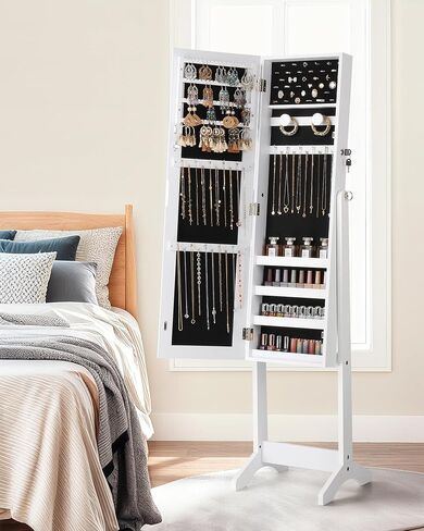 Nicetree Jewelry Cabinet Armoire, Freestanding Jewelry Armoire Organizer with Full-Length Mirror, Lockable Jewelry Storage Cabinet, Frameless Mirror, 3 Adjustable Angles, Moon White in Saudi Arabia