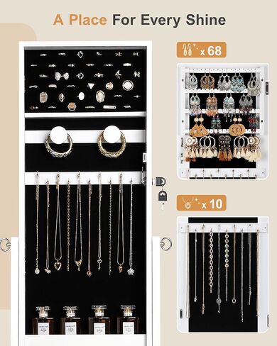 Nicetree Jewelry Cabinet Armoire, Freestanding Jewelry Armoire Organizer with Full-Length Mirror, Lockable Jewelry Storage Cabinet, Frameless Mirror, 3 Adjustable Angles, Moon White in Saudi Arabia