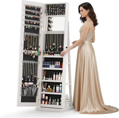 4-In-1 Jewelry Cabinet with Full-Length Mirror, 360° Swivel Jewelry Armoire Lockable Standing, Back Storage Shelves, Makeup Mirror, Jewelry Organizer with Storage for Best Gift, White in Saudi Arabia