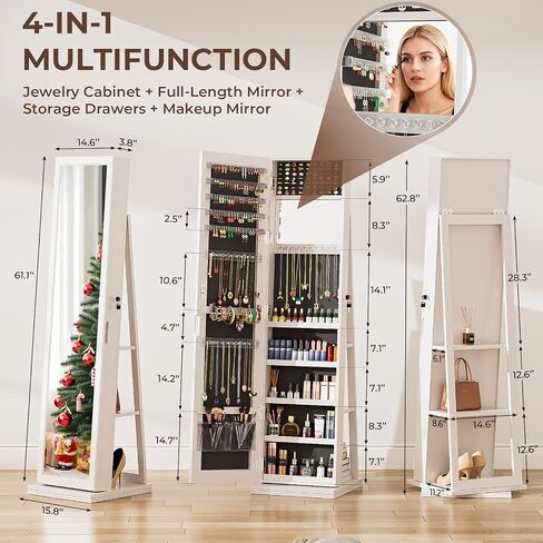 4-In-1 Jewelry Cabinet with Full-Length Mirror, 360° Swivel Jewelry Armoire Lockable Standing, Back Storage Shelves, Makeup Mirror, Jewelry Organizer with Storage for Best Gift, White in Saudi Arabia