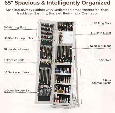 4-In-1 Jewelry Cabinet with Full-Length Mirror, 360° Swivel Jewelry Armoire Lockable Standing, Back Storage Shelves, Makeup Mirror, Jewelry Organizer with Storage for Best Gift, White in Saudi Arabia