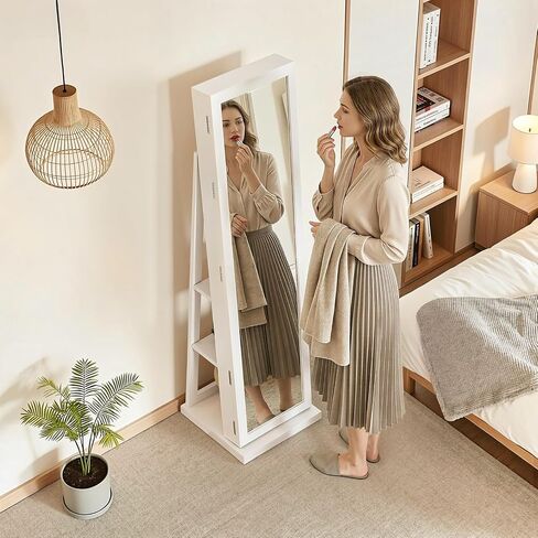 4-In-1 Jewelry Cabinet with Full-Length Mirror, 360° Swivel Jewelry Armoire Lockable Standing, Back Storage Shelves, Makeup Mirror, Jewelry Organizer with Storage for Best Gift, White in Saudi Arabia