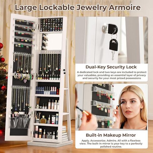 4-In-1 Jewelry Cabinet with Full-Length Mirror, 360° Swivel Jewelry Armoire Lockable Standing, Back Storage Shelves, Makeup Mirror, Jewelry Organizer with Storage for Best Gift, White in Saudi Arabia