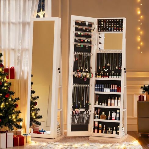 4-In-1 Jewelry Cabinet with Full-Length Mirror, 360° Swivel Jewelry Armoire Lockable Standing, Back Storage Shelves, Makeup Mirror, Jewelry Organizer with Storage for Best Gift, White in Saudi Arabia