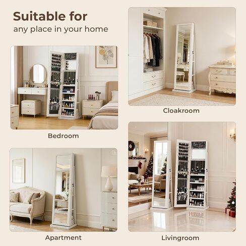 4-In-1 Jewelry Cabinet with Full-Length Mirror, 360° Swivel Jewelry Armoire Lockable Standing, Back Storage Shelves, Makeup Mirror, Jewelry Organizer with Storage for Best Gift, White in Saudi Arabia
