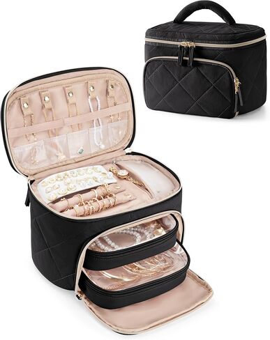 Jewelry Travel Case with 2 Clear Pouches, 2-Layer Jewelry Organizer Storage Bag for Necklaces, Earrings, Rings, Bracelets, Black(Empty Bag) in Saudi Arabia