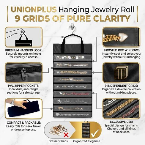 UnionPlus Velvet Jewelry Roll Organizer, 9/11 Grids – Travel Jewelry Case with Zippered Compartments for Necklaces – Compact Portable Jewelry Storage, Black in Saudi Arabia