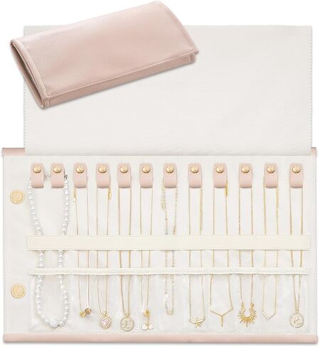 Lolalet Travel Necklace Organizer, Tangle-Free Necklace Case for Travel, Foldable Roll Up Jewelry Storage Bag for Necklaces Chains Bracelets, Beige, 12 Slots Holder in Kuwait