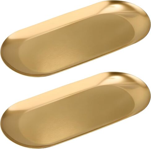 Vaincre Gold Decorative Jewelry Tray - 2PCS Stainless Steel Oval Trinket Ring Holder Dish, 7" Small Bathroom Vanity Kitchen Jewelry Plate Tray Decor for Storing Perfumes, Cosmetics, Candles, Key in Kuwait