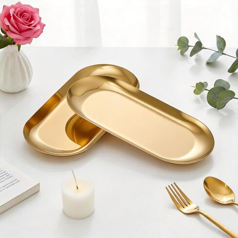 Vaincre Gold Decorative Jewelry Tray - 2PCS Stainless Steel Oval Trinket Ring Holder Dish, 7" Small Bathroom Vanity Kitchen Jewelry Plate Tray Decor for Storing Perfumes, Cosmetics, Candles, Key in Kuwait