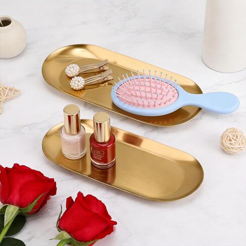 Vaincre Gold Decorative Jewelry Tray - 2PCS Stainless Steel Oval Trinket Ring Holder Dish, 7" Small Bathroom Vanity Kitchen Jewelry Plate Tray Decor for Storing Perfumes, Cosmetics, Candles, Key in Kuwait