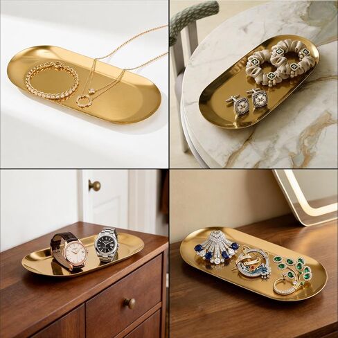 Vaincre Gold Decorative Jewelry Tray - 2PCS Stainless Steel Oval Trinket Ring Holder Dish, 7" Small Bathroom Vanity Kitchen Jewelry Plate Tray Decor for Storing Perfumes, Cosmetics, Candles, Key in Kuwait