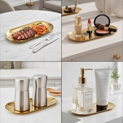 Vaincre Gold Decorative Jewelry Tray - 2PCS Stainless Steel Oval Trinket Ring Holder Dish, 7" Small Bathroom Vanity Kitchen Jewelry Plate Tray Decor for Storing Perfumes, Cosmetics, Candles, Key in Kuwait