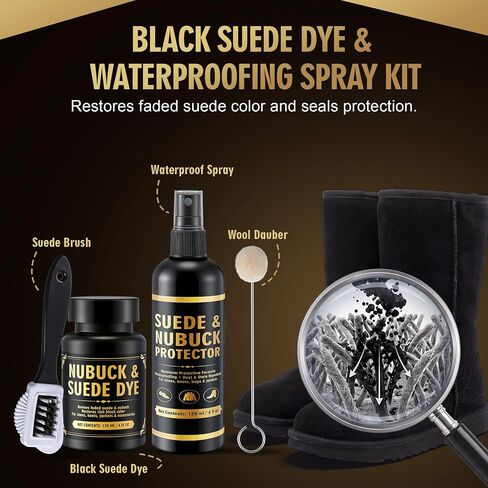 Lounsweer Black 8oz Suede & Nubuck Dye and Waterproofing Spray Kit, Restore Faded Color & Protect from Water, Oil & Stains in Kuwait