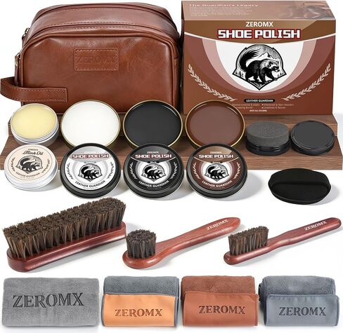 Shoe Care Kit for Men & Wsomen, 14Pcs Shoe Shine Kit for Men with Black Brown Neutral Mink Oil for Shoes, Care for Leather Boots, Shoe Cleaning Kit as Gift for Mens with Shine Sponges & Cloth in Kuwait