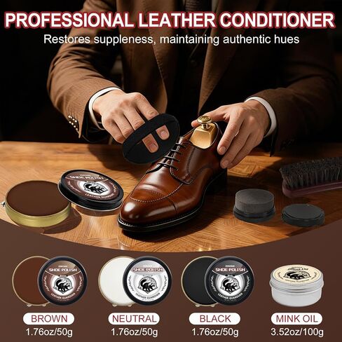 Shoe Care Kit for Men & Wsomen, 14Pcs Shoe Shine Kit for Men with Black Brown Neutral Mink Oil for Shoes, Care for Leather Boots, Shoe Cleaning Kit as Gift for Mens with Shine Sponges & Cloth in Kuwait
