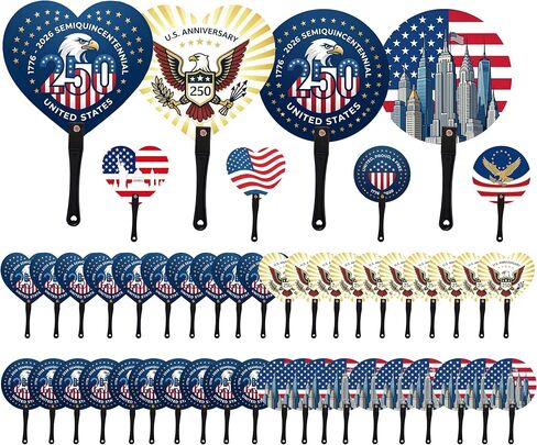 40 Pcs Patriotic 250th Anniversary Handheld Fans Bulk 4 Styles Round & Heart American Flag 4th of July Stars Stripes Red White Blue Summer Plastic Fans for Independence Memorial Day Party Favors in Saudi Arabia